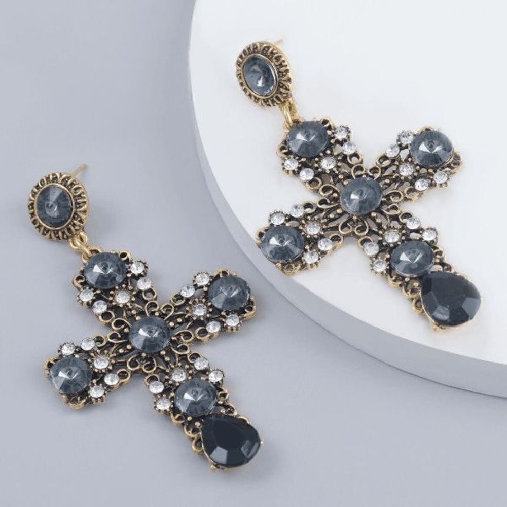 GOLD BLACK AND WHITE CRYSTAL CROSS DANGLE EARRINGS